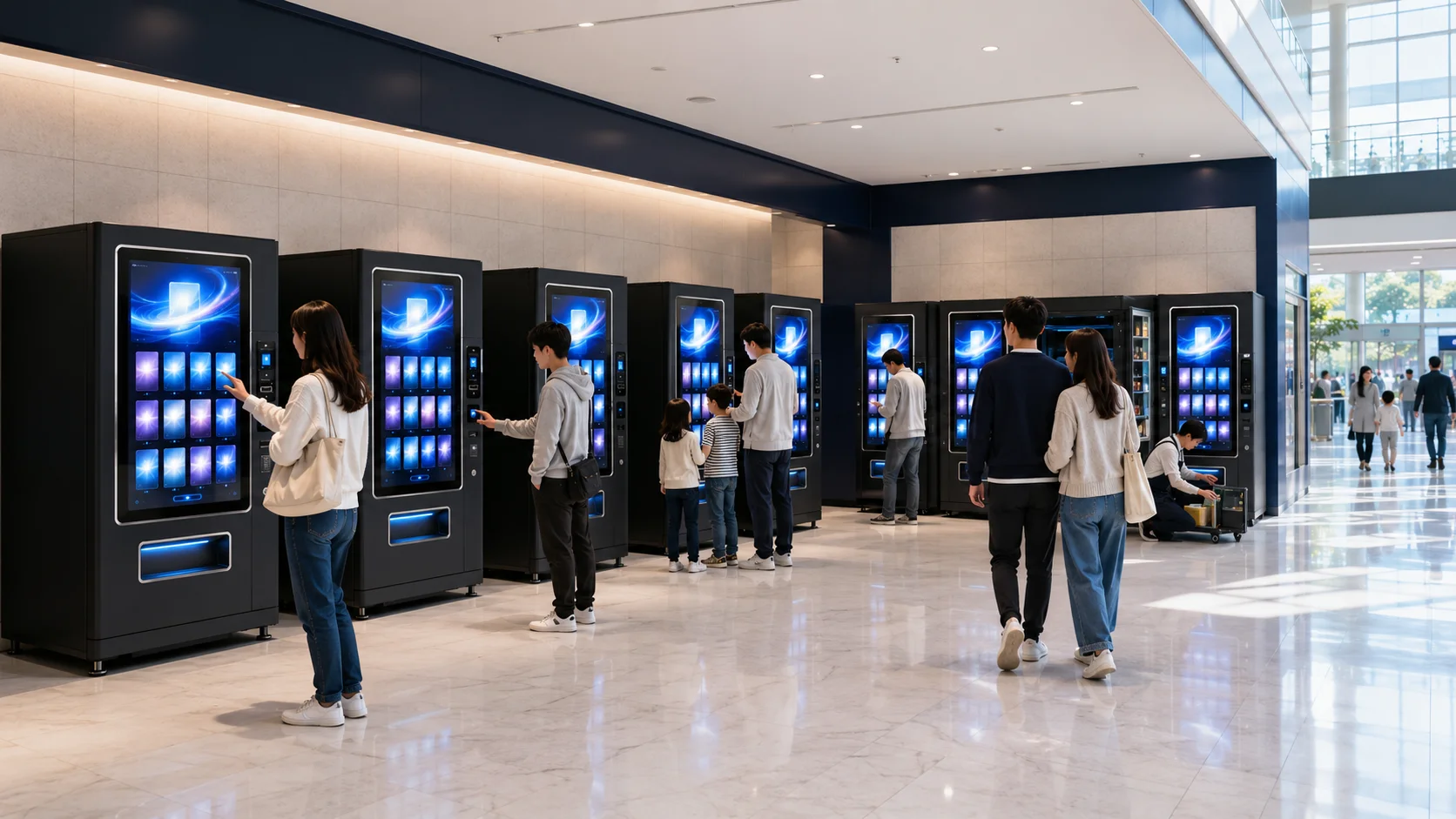 商業施設に複数台設置されたIoT自動販売機の運営風景
