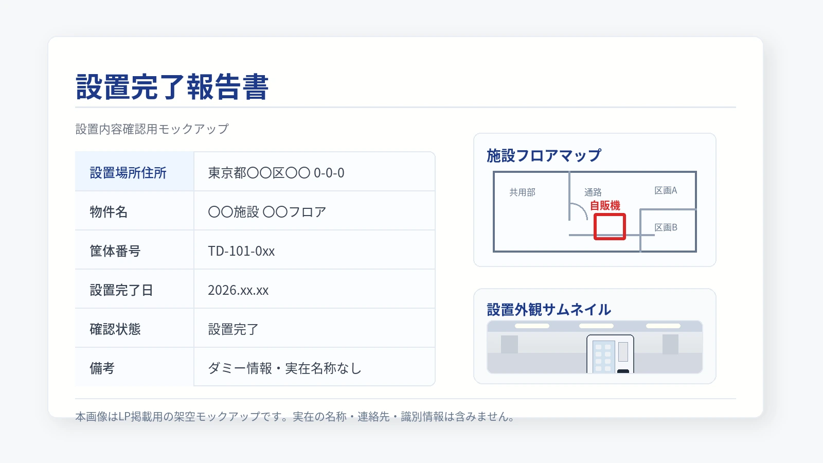 設置完了報告書のモックアップ（架空の設置場所・筐体番号を記載）